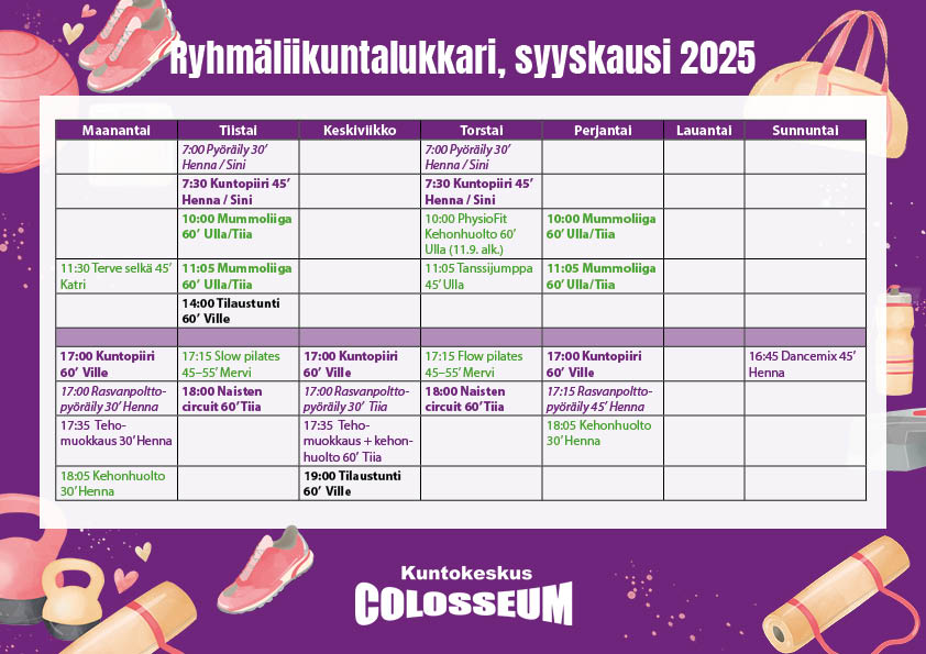 Colosseum ryhmäliikuntalukkari lokakuu